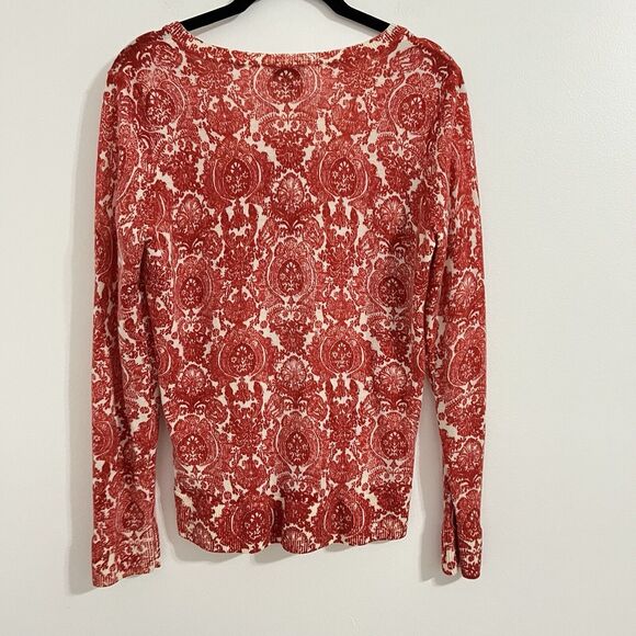 Talbots 100% Merino Wool Sweater Cardigan Size M Red Printed Button Front Artsy - Picture 3 of 6